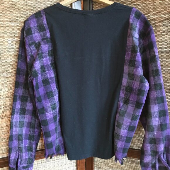Upcycled Aloha Shirt, Size S-M: Purple Plaid & Hawaii Graphic Long-Sleeved Tee - Picture 7 of 10